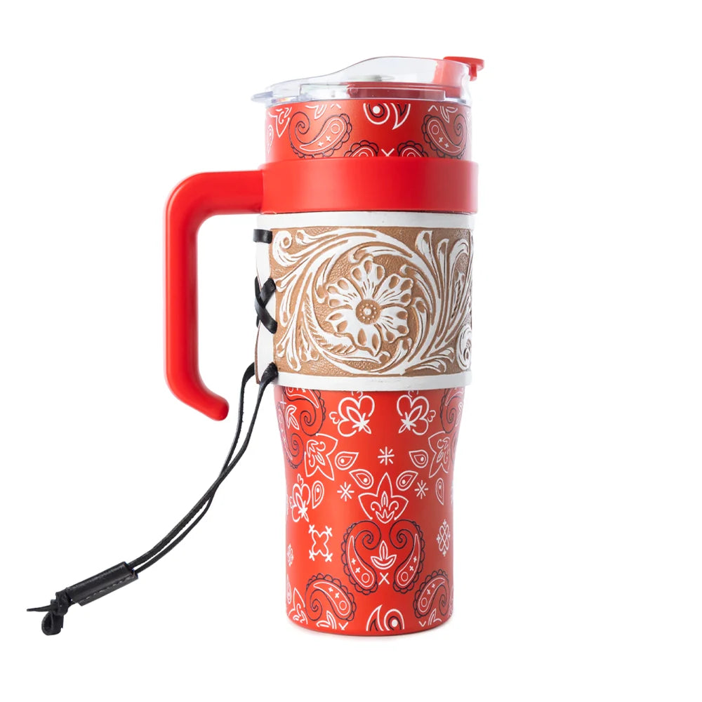 Bandana Tooled Western Tumbler In Red Stainless Steel With Handtooled Leather S-14763