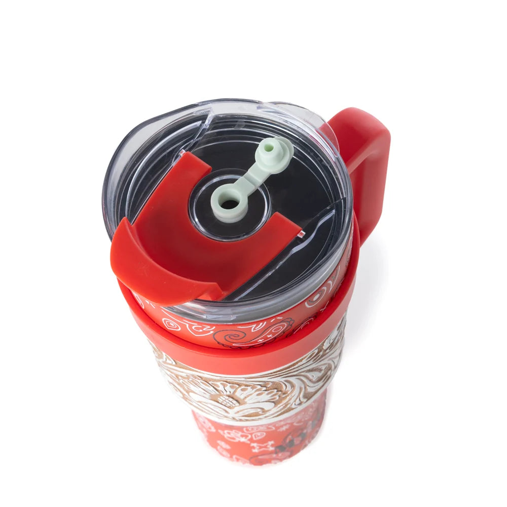 Bandana Tooled Western Tumbler In Red Stainless Steel With Handtooled Leather S-14763