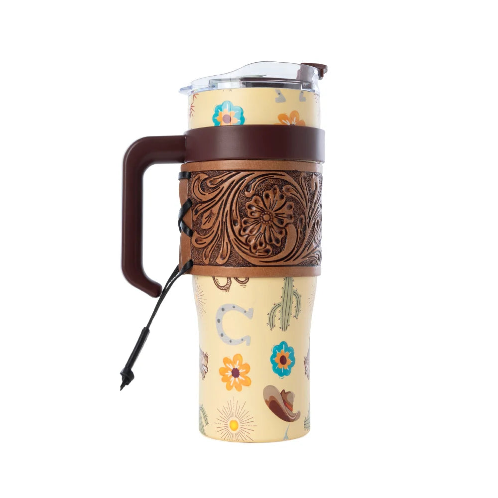 Trailkissed Western Tumbler In Yellow Stainless Steel With Leather Wrap S-14765