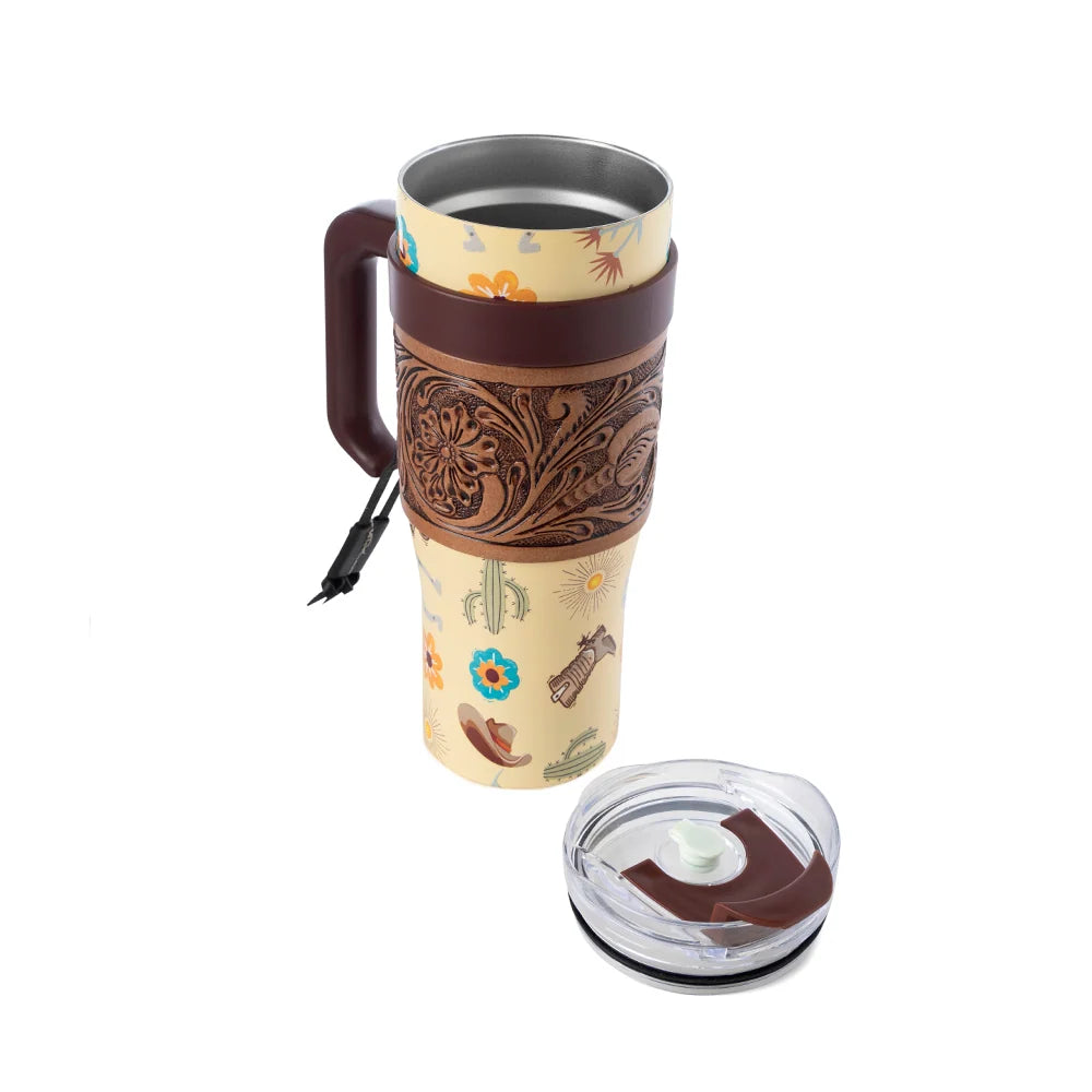 Trailkissed Western Tumbler In Yellow Stainless Steel With Leather Wrap S-14765