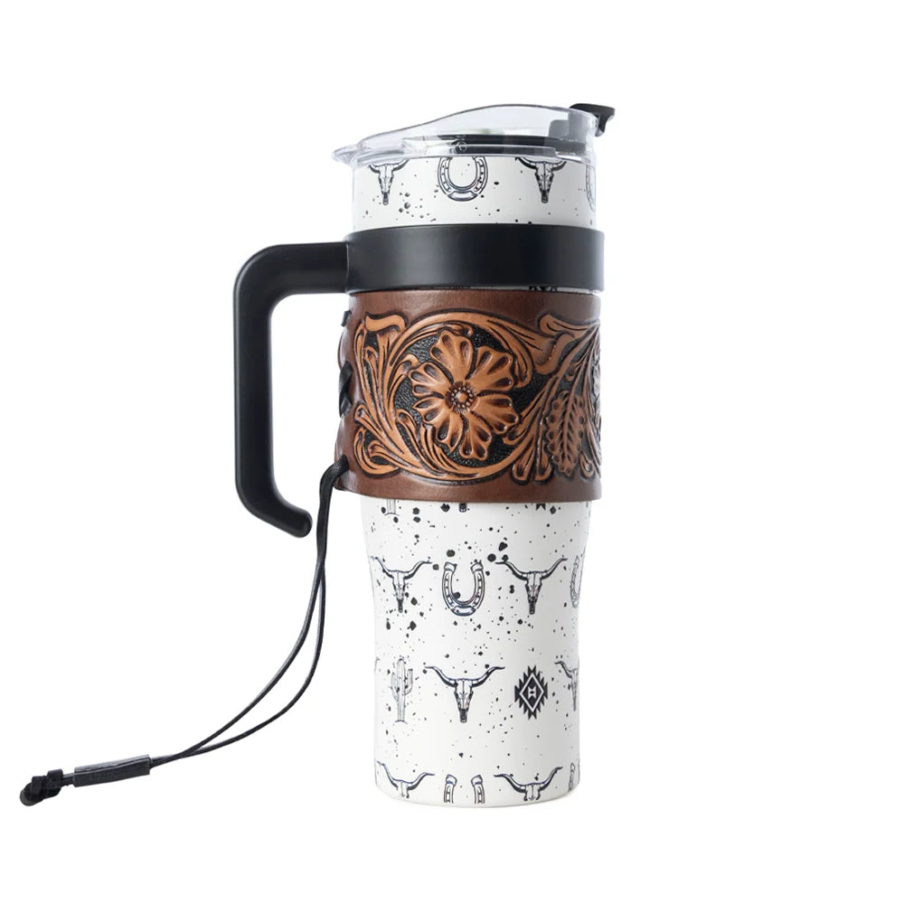 Trailkissed Western Tumbler In Yellow Stainless Steel With Leather Wrap S-14766