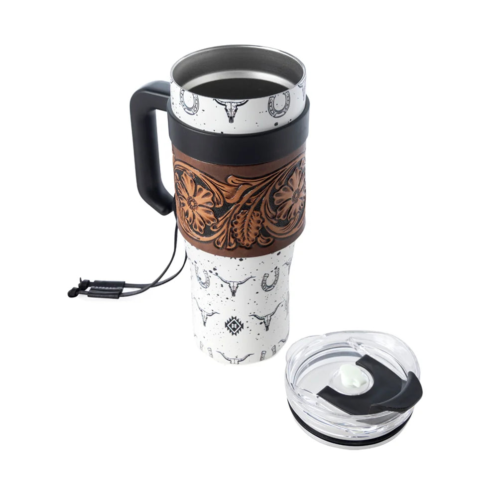 Trailkissed Western Tumbler In Yellow Stainless Steel With Leather Wrap S-14766