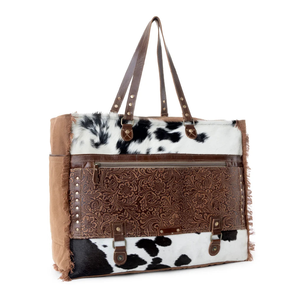 S-15072 Forester Junction Weekender Bag In Tan With Hair On And Embossed Leather