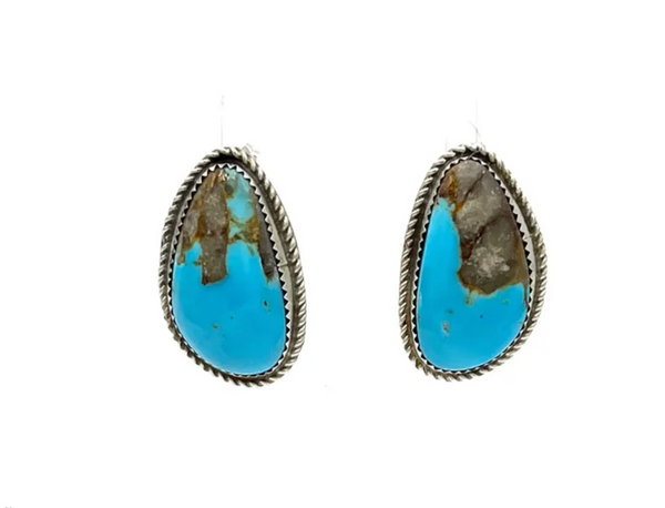 ER-000635 Navajo Handmade Kingman Turquoise Earrings - Donovan Nez