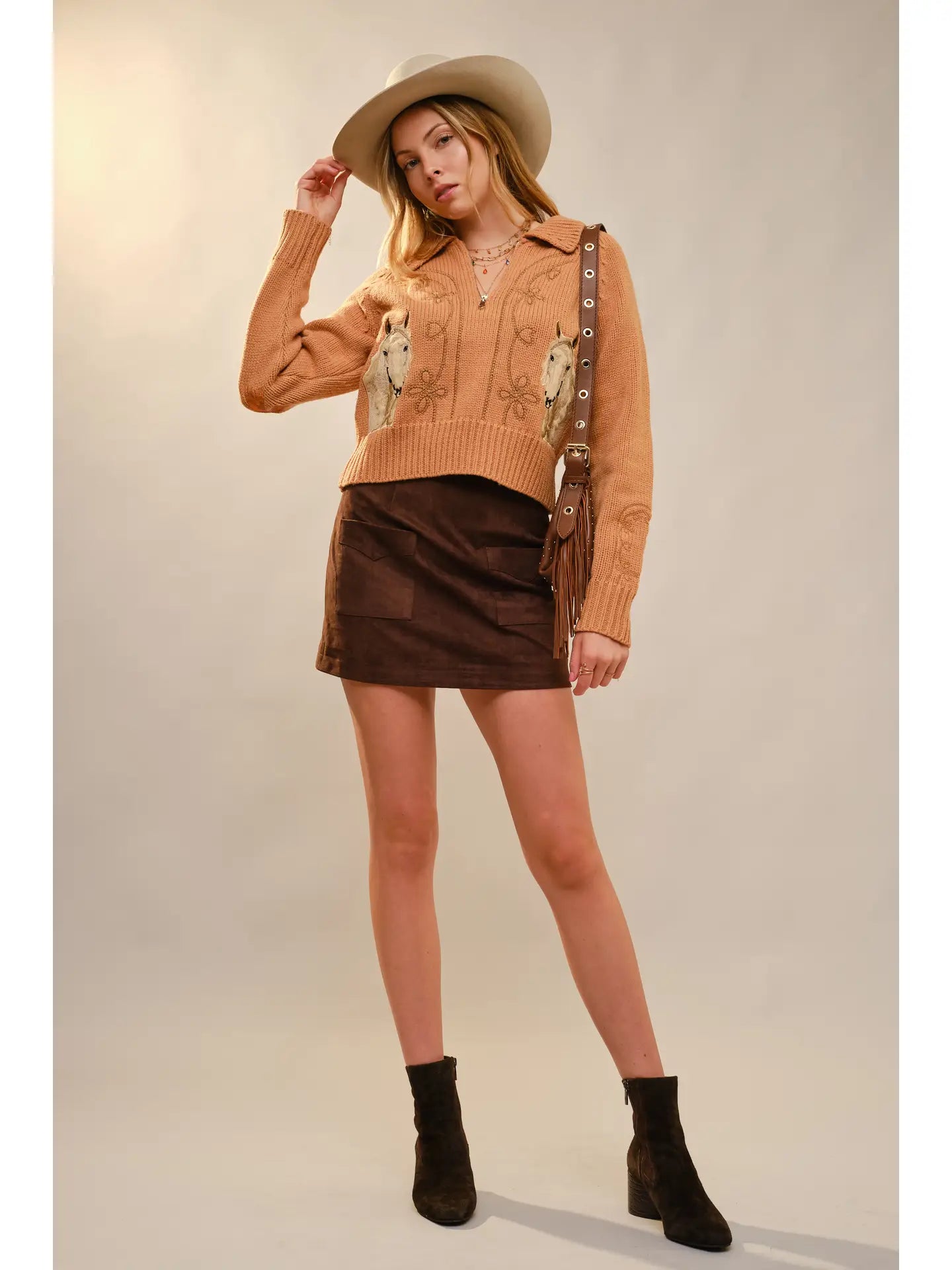 37044W - Horse Embroidered Zip Up Mock Neck Sweater