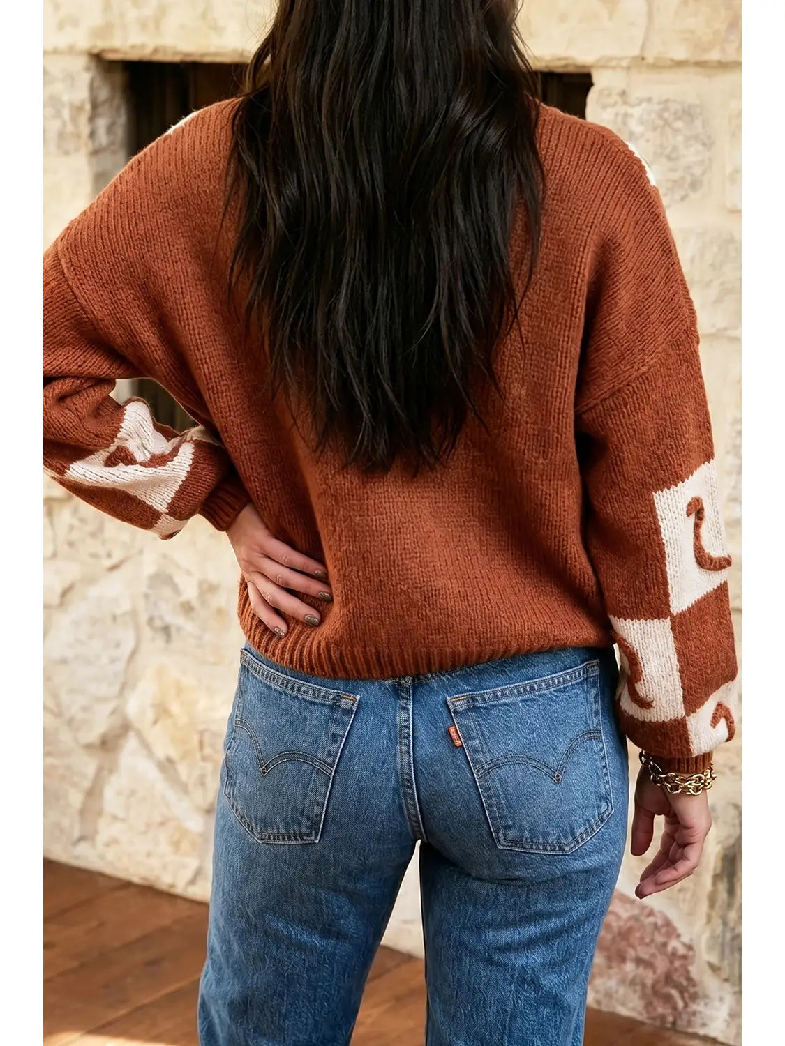 Western Plaid V Neck Knit Long Sleeve Regular Fit Cardigan P1722BRN
