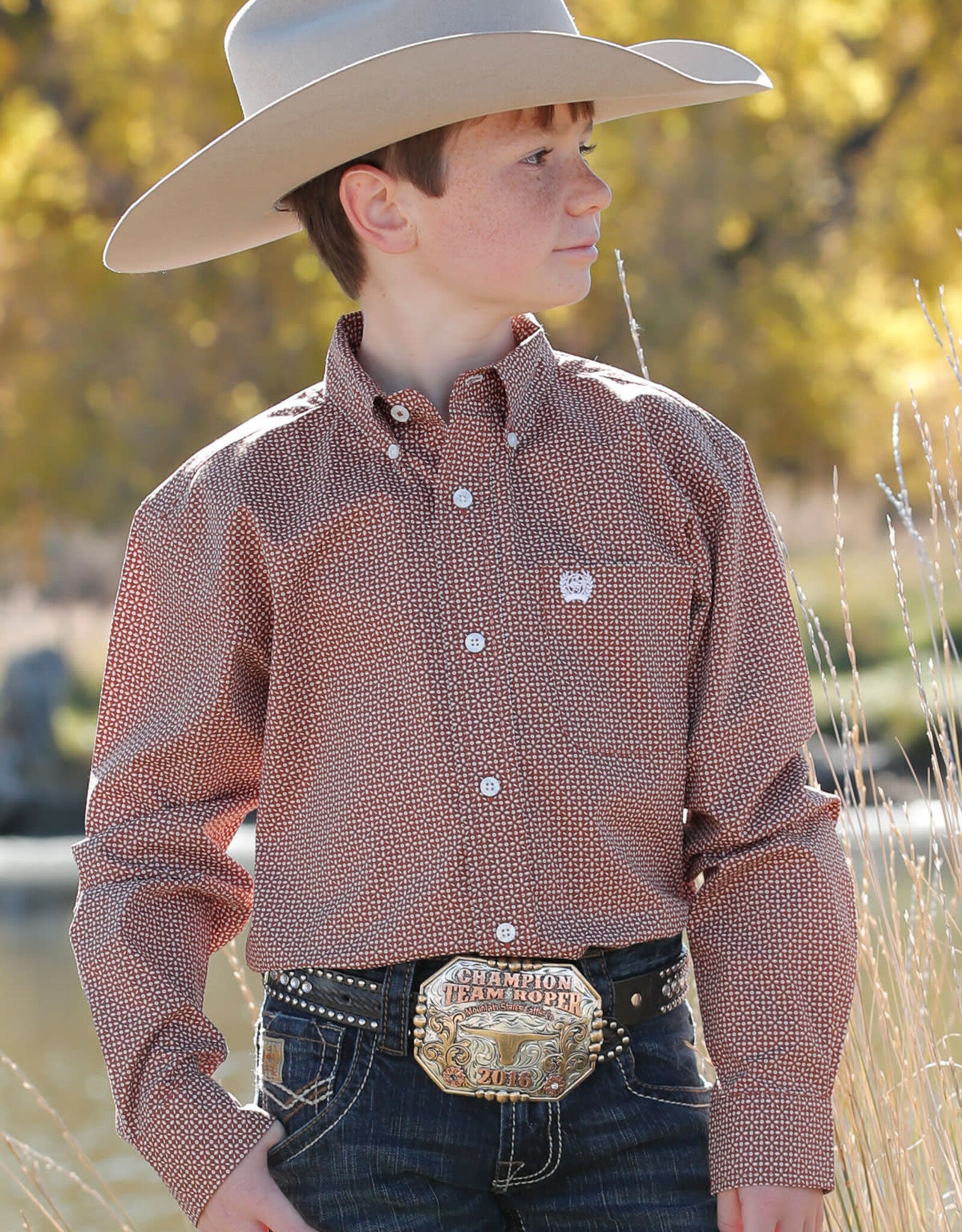 Boys Cinch Brown Tan Long Sleeve Button Western Shirt MTW7060320