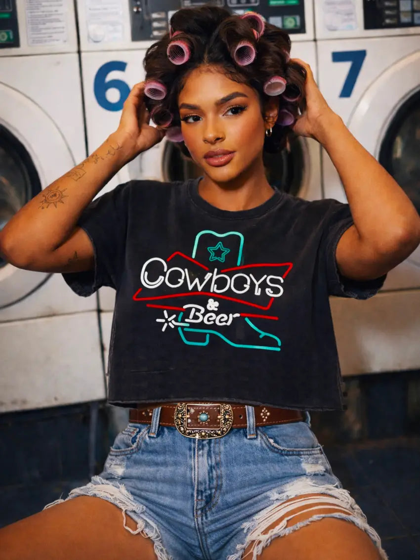 Cowboys & Beer Neon Boot Relaxed Cropped Acid Wash T-Shirt