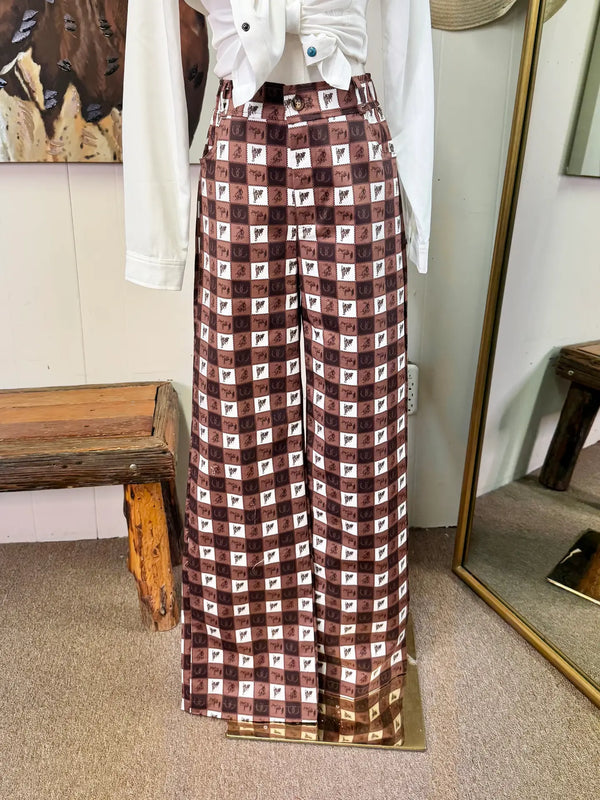 Brown Western Plaid Gingham Print Pants