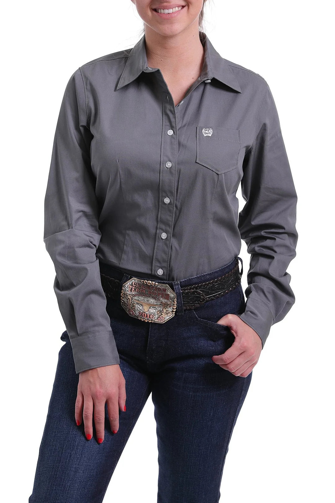 WOMENS CINCH SOLID BUTTON DOWN GREY MSW9164029