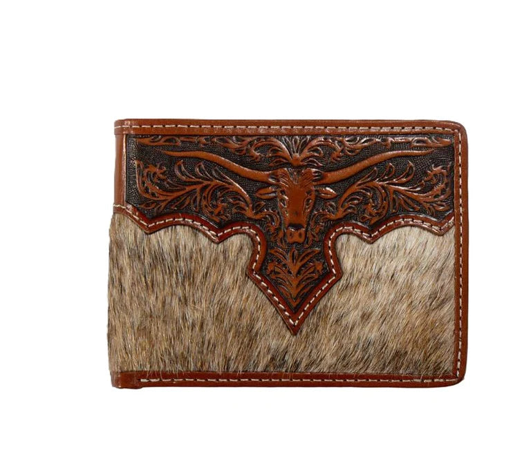 Nocona Brown Men's Calf Hair Billfold Wallet with Removable Passcase and Embossed Longhorn Overlay N500048302