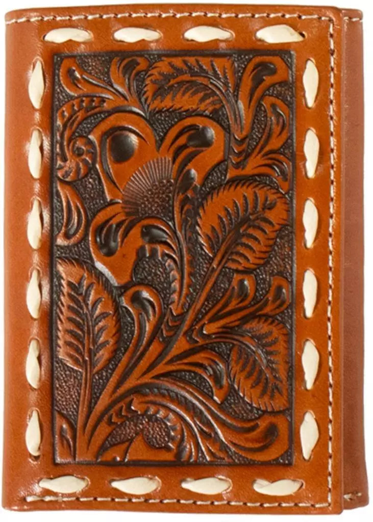 NOCONA WESTERN MEN TRIFOLD WALLET LEATHER FLORAL BUCK LACE STITCH TAN N500045208
